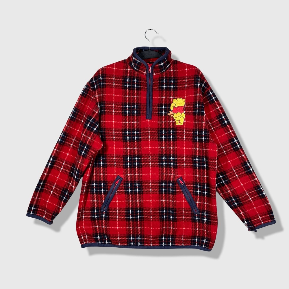 Vintage Disney Winnie the Pooh Fleece Pullover Mens L Red Plaid Cozy Retro